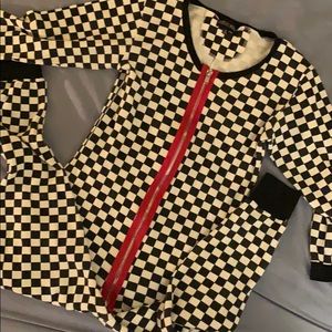 B&W checkered waffle knit zip up onesie